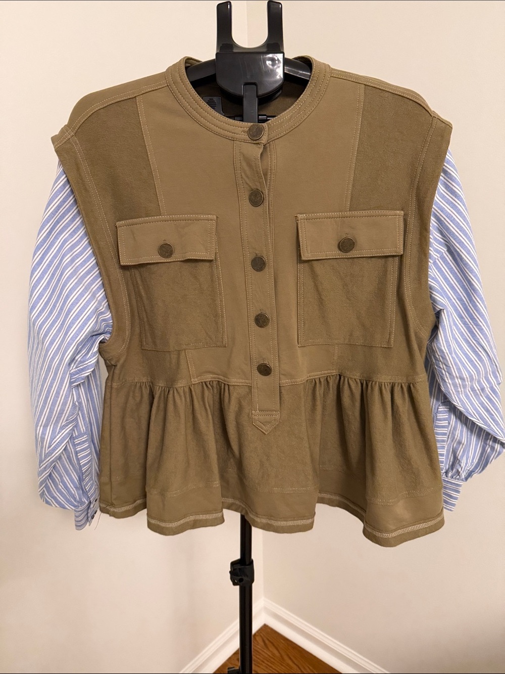 Pilcro Olive Layered Button-Front Top with Blue Stripe Sleeves